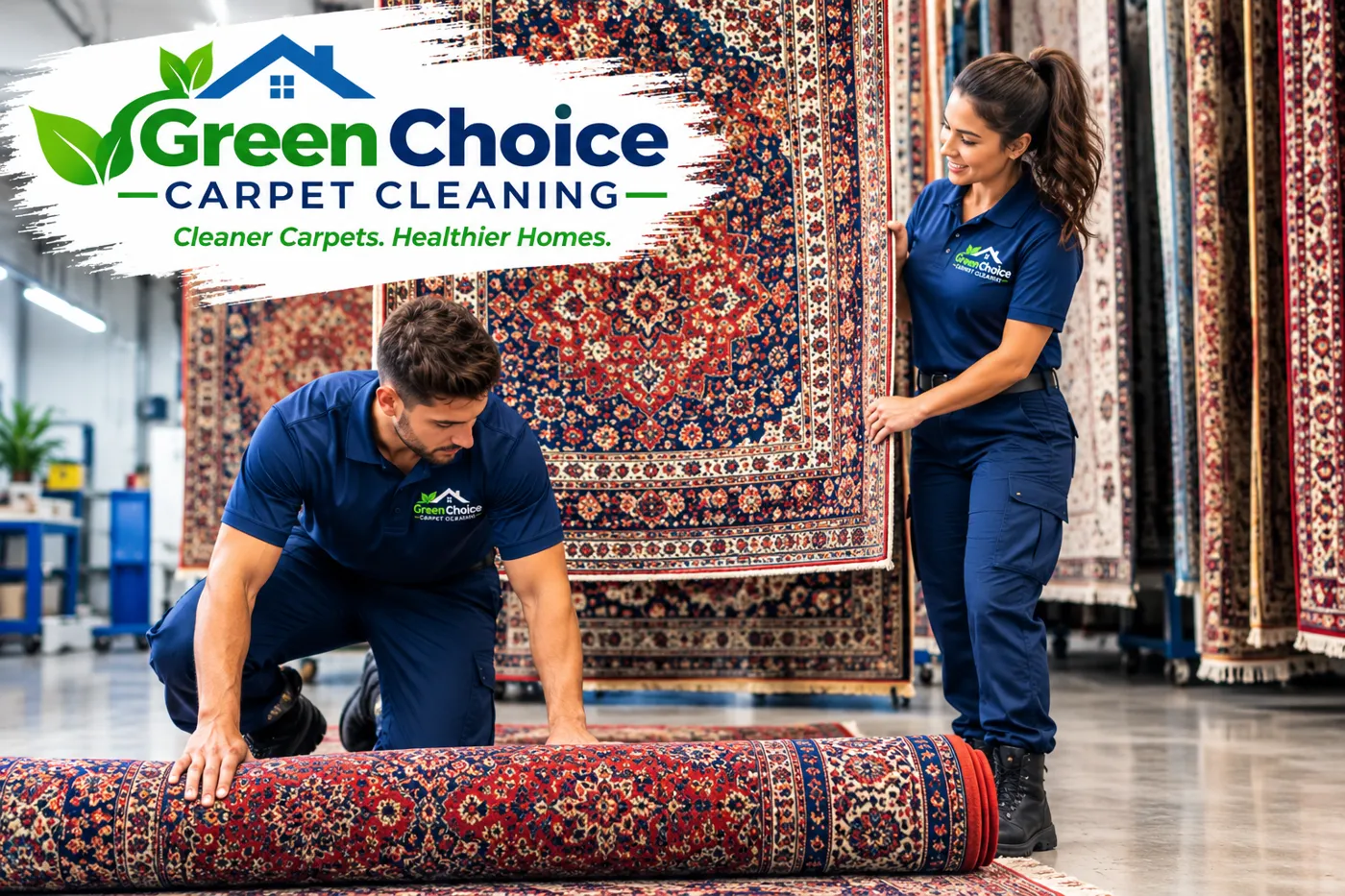 Green Choice technicians rolling a hand-knotted Oriental rug at the rug cleaning facility