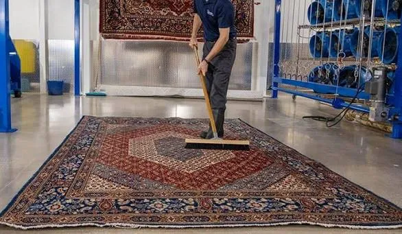 Wool rug being groomed flat on a rug cleaning plant floor after washing